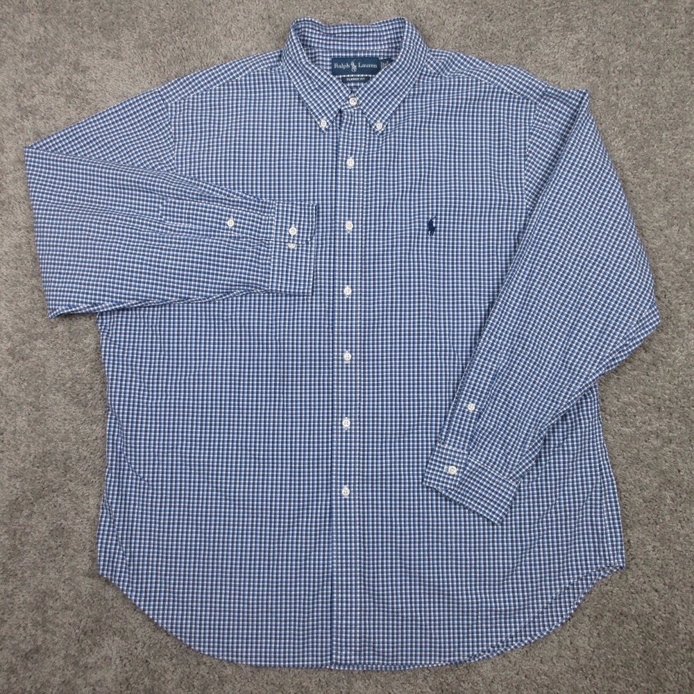 Ralph Lauren Shirt Mens 2XL 18 34/35 Blue Plaid Check Classic‎ Dress Button Up